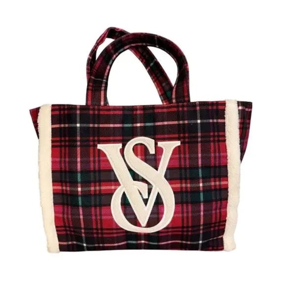 Victoria's Secret VS Tote Bag Large Red Faux Fur Sherpa Plaid Flannel Holiday
